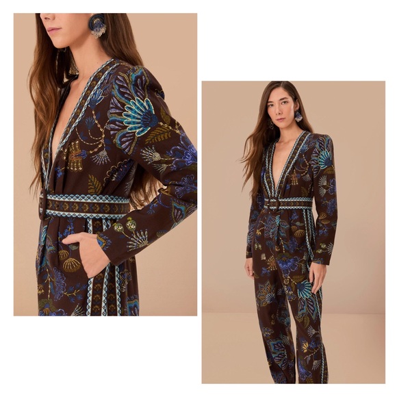 FARM Rio Pants - Farm Rio Brown Embroidered Garden Floral print V Neck Jumpsuit